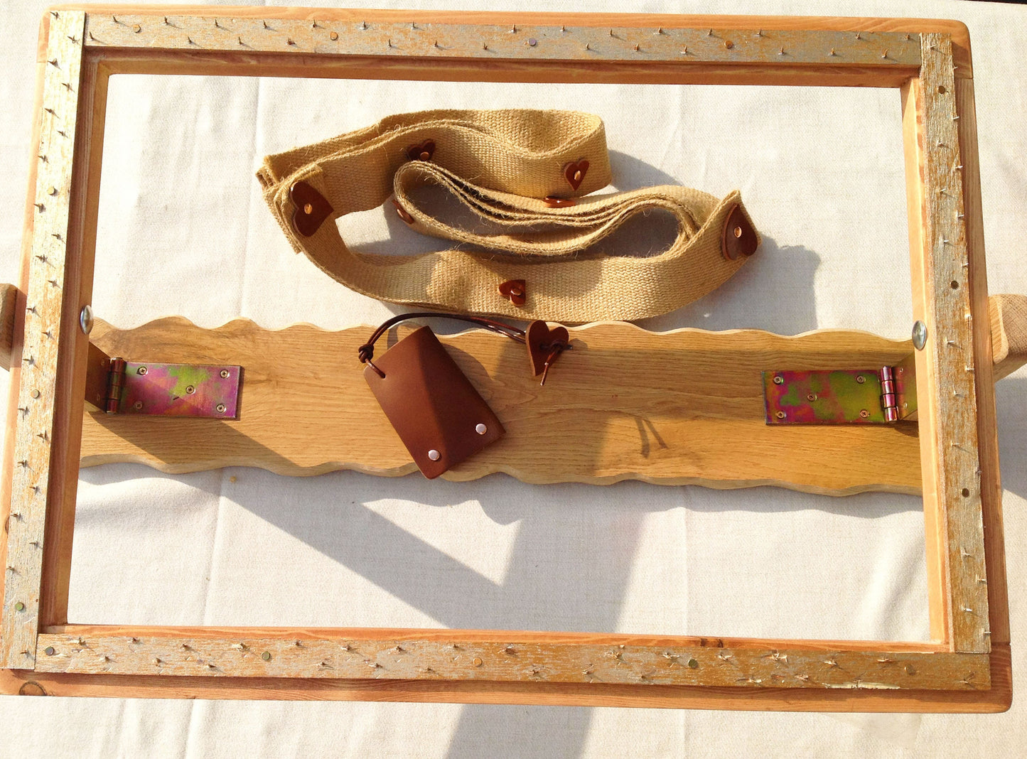 Oak Rug Hooking Needle Punch Frame and Hook. Rag Rug Frame in Recycle Wood. Gripper Cover and Hide Leather Trim.  Hinged to fold flat