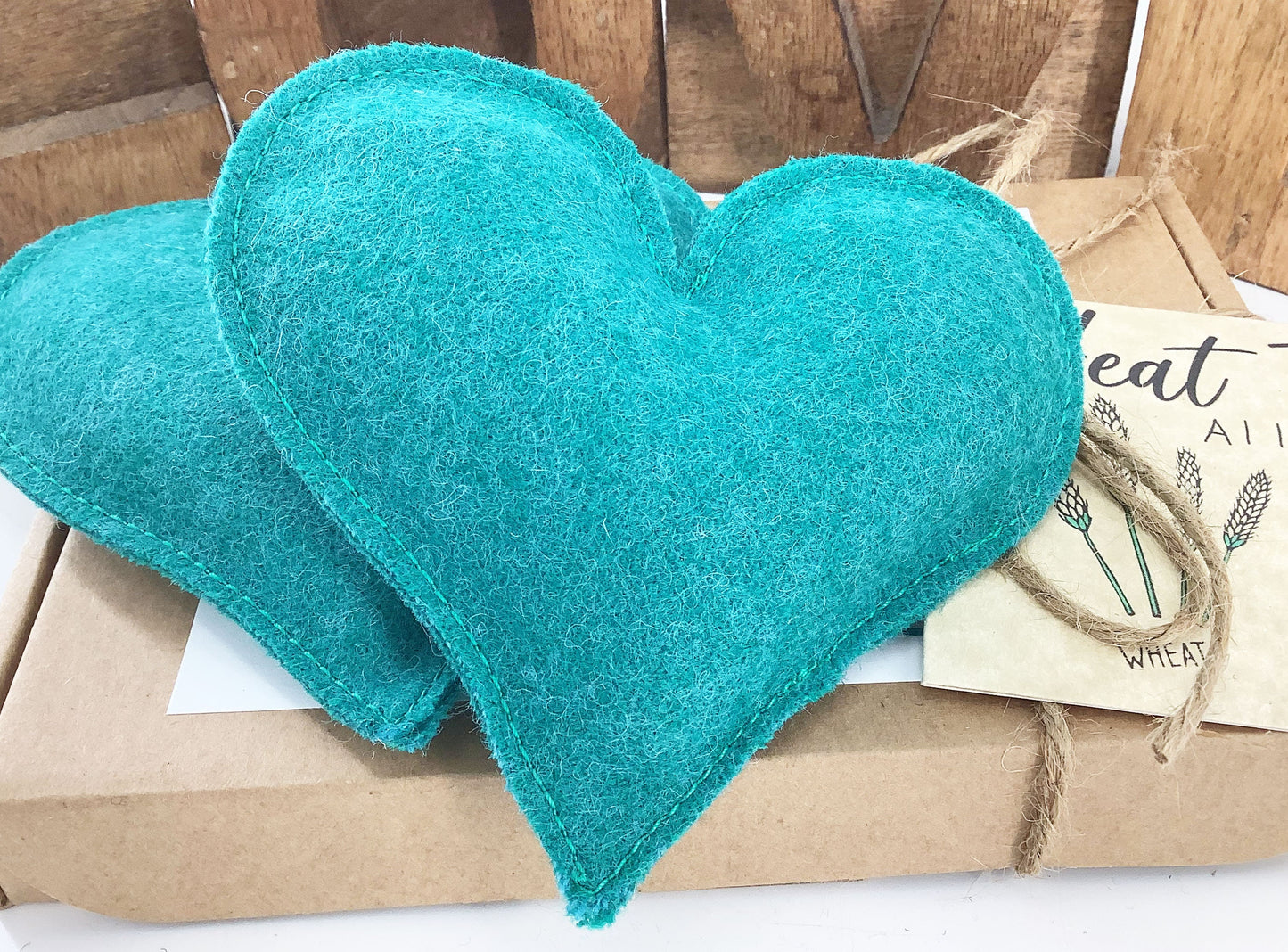 Wheat Bag Hand Warmers. Reusable Pocket Mini Heat Packs. Heart Shaped Peacock Green Wool Lavender Scented or Unscented Handmade Gift