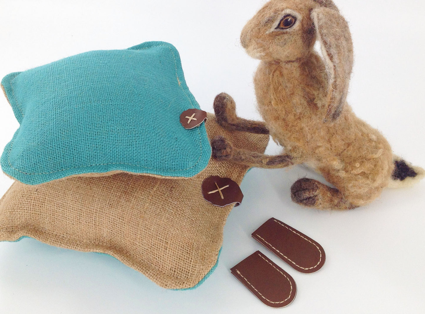 Hessian Needle Felting Mats Set Large and Smal with Hand Stitched Leather Hide Finger Protectors .  Pre Filled Mats Blue and Natural Colours