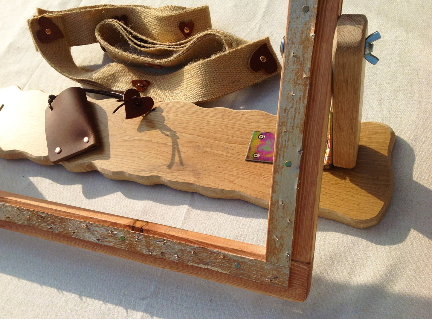 Oak Rug Hooking Needle Punch Frame and Hook. Rag Rug Frame in Recycle Wood. Gripper Cover and Hide Leather Trim.  Hinged to fold flat