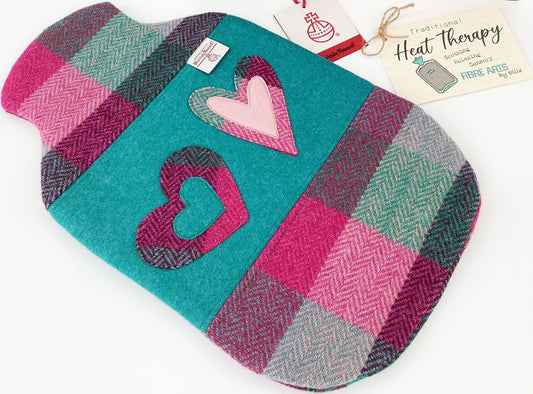 Harris Tweed Hot Water Bottle Cover. Patchwork Applique Hearts Heat Therapy Relaxation Mindfulness Eco Gift for Her