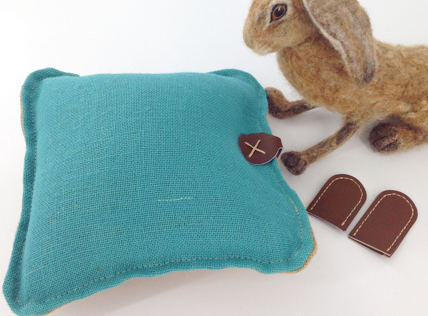 Hessian Needle Felting Mats Set Large and Smal with Hand Stitched Leather Hide Finger Protectors .  Pre Filled Mats Blue and Natural Colours