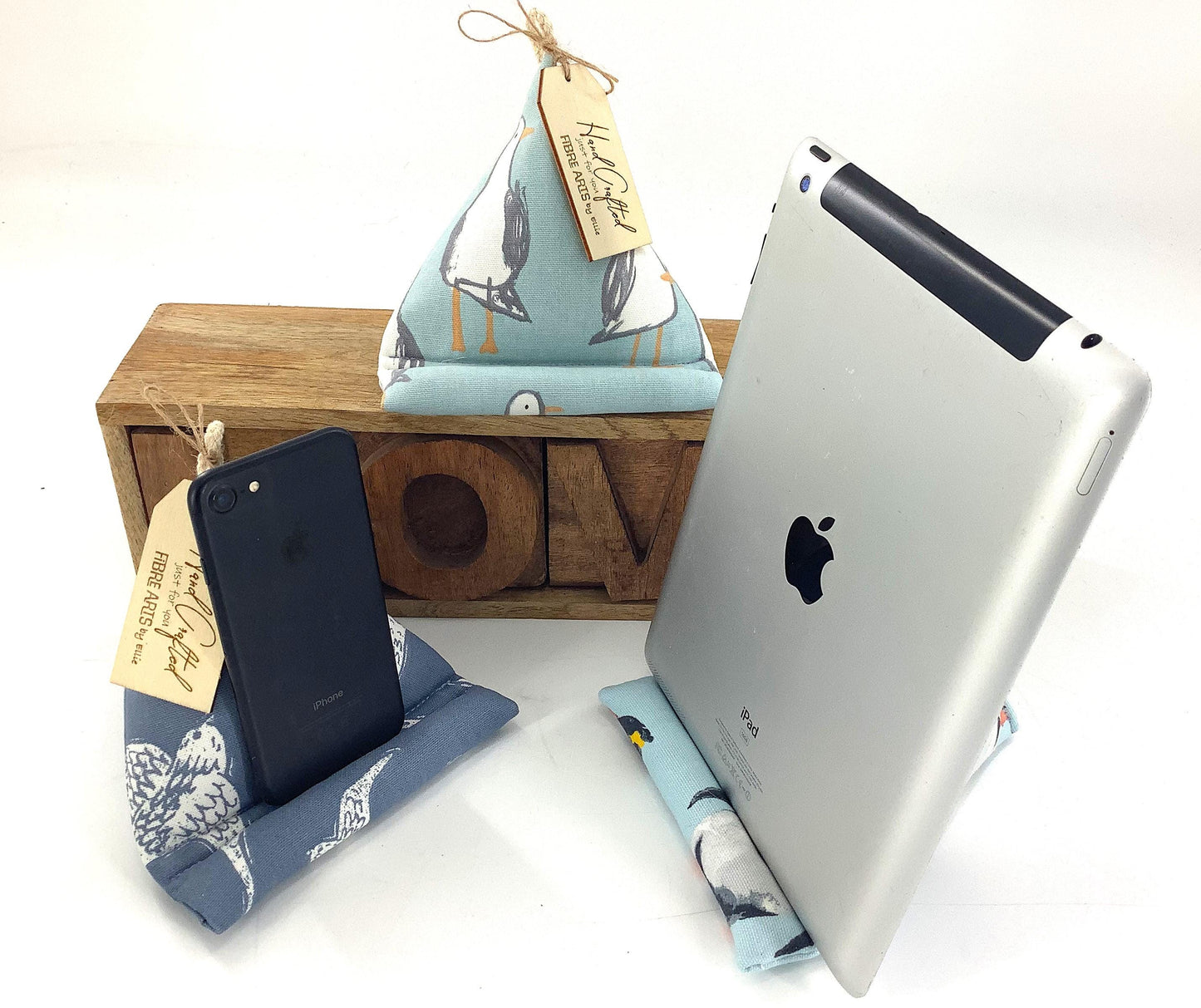 Seagulls Mobile Phone. Kindle, iPad or Tablet Stand. Weighted, Sturdy and Washable. Swallows, Penguins Small Yet Mighty Hand Crafted Gift