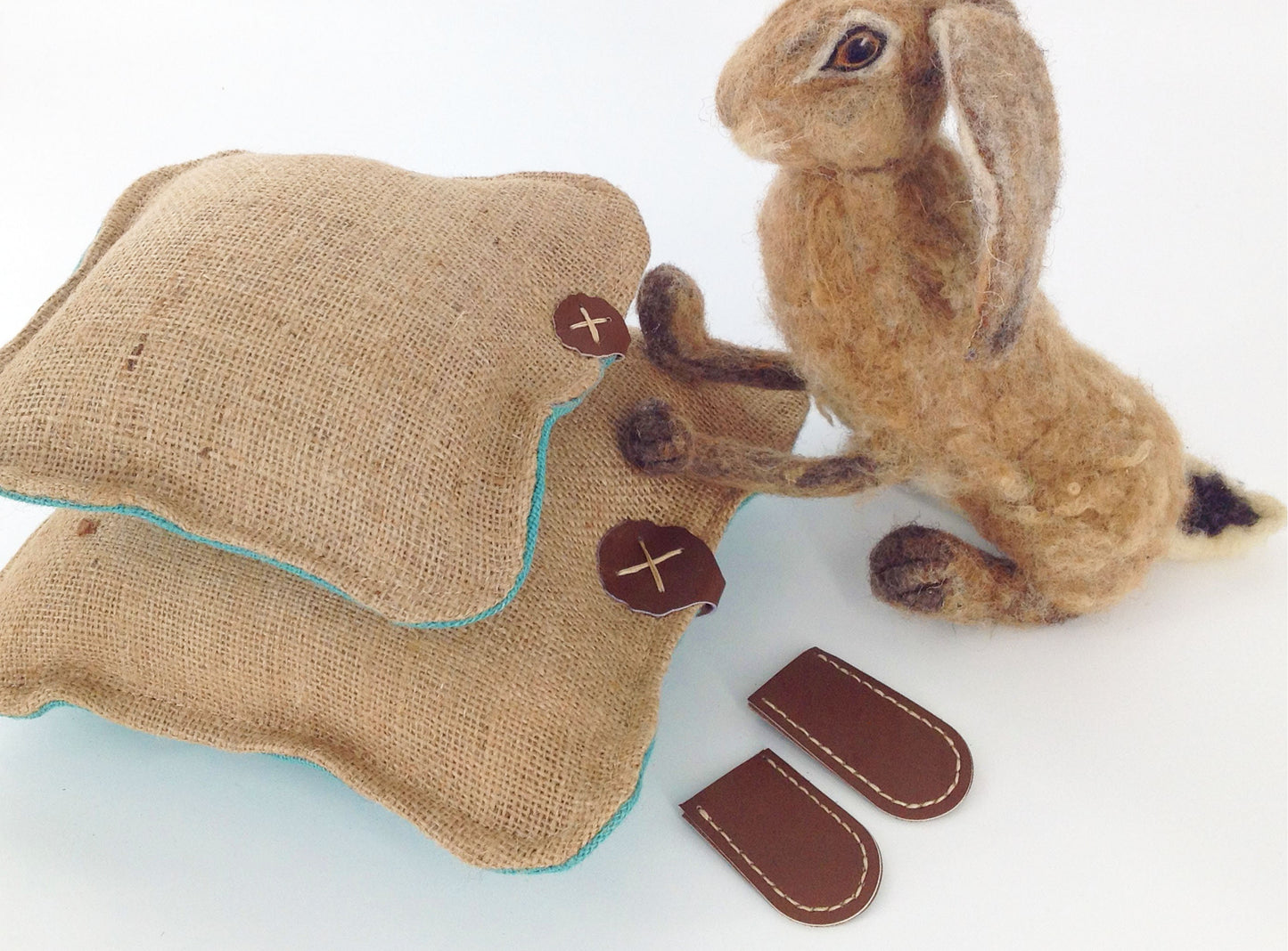 Hessian Needle Felting Mats Set Large and Smal with Hand Stitched Leather Hide Finger Protectors .  Pre Filled Mats Blue and Natural Colours