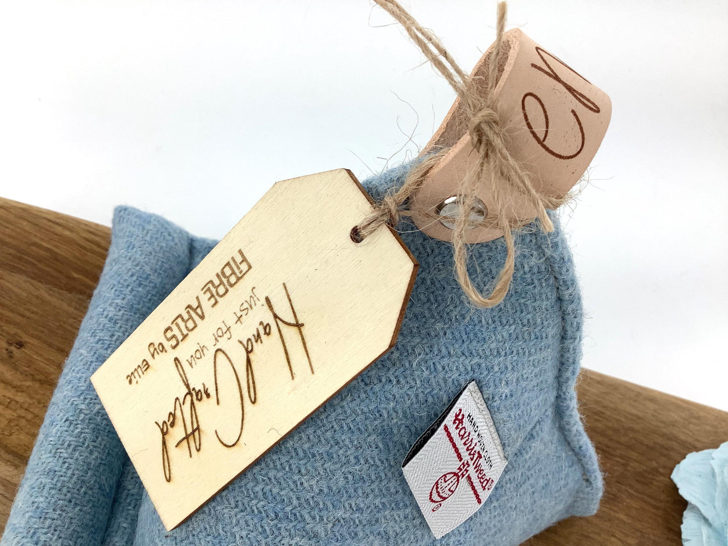 Blue Harris Tweed Keyring Gift Set. Tablet, Kindle or Mobile Phone Stand. Weighted Bean Bag Style. Custom Personalised Leather Hide Trims