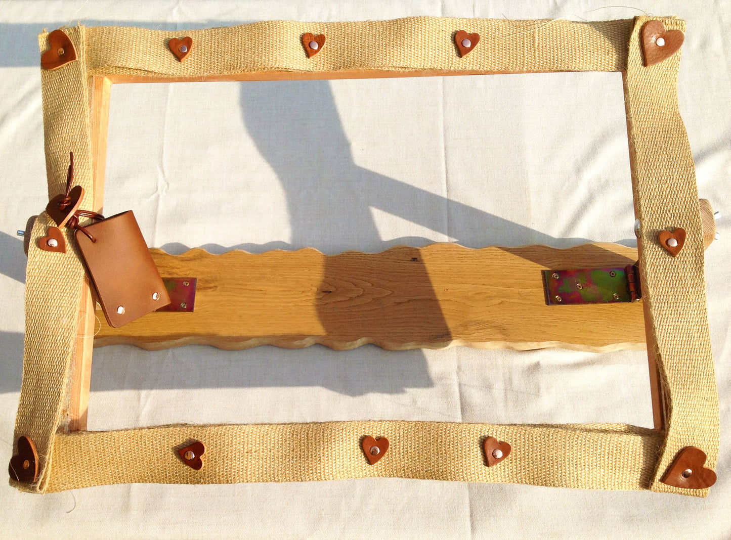 Oak Rug Hooking Needle Punch Frame and Hook. Rag Rug Frame in Recycle Wood. Gripper Cover and Hide Leather Trim.  Hinged to fold flat