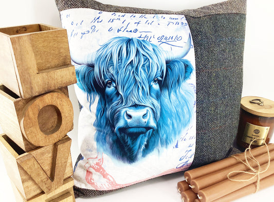 Highland Cow Harris Tweed Cushion Cover. Quirky Patchwork Industrial Style on Velvet
