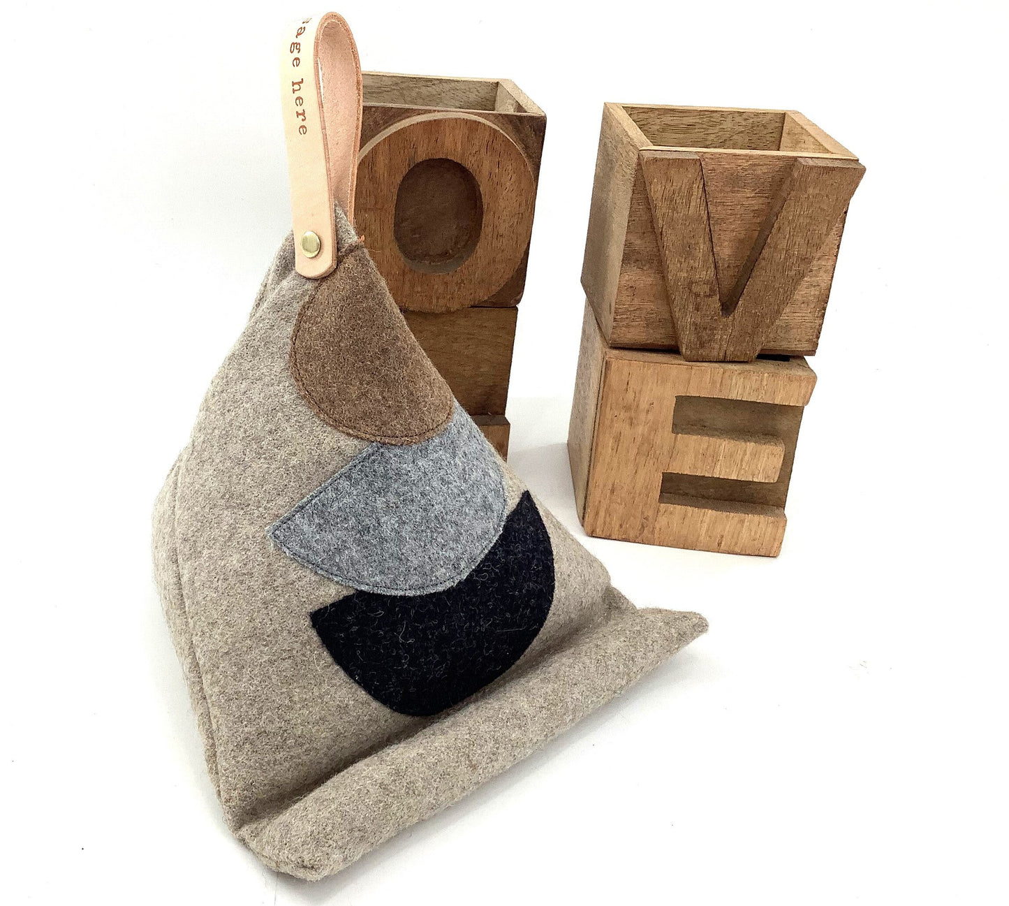 Bean Bag Tablet or Phone Stand. Weighted Pure Wool Applique Personalised Gift