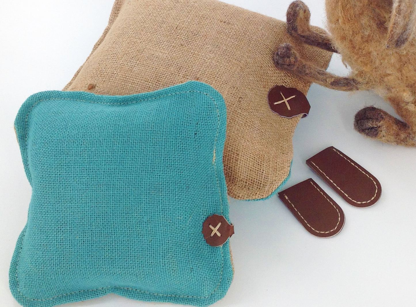 Hessian Needle Felting Mats Set Large and Smal with Hand Stitched Leather Hide Finger Protectors .  Pre Filled Mats Blue and Natural Colours