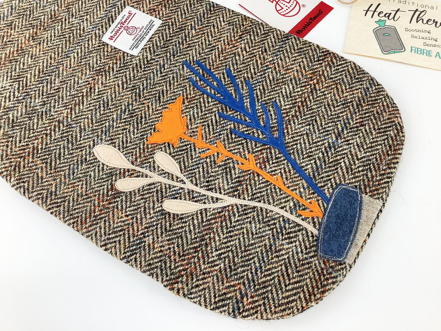 Harris Tweed Hot Water Bottle Cover. Delicate Flower Wool Applique. Heat Therapy Relaxation Mindfulness Gift for Her