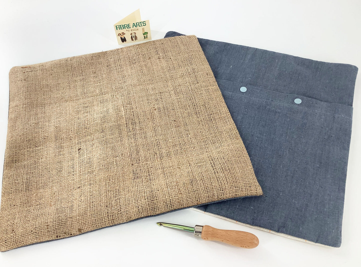 Easy Rag Rug Cushion kit. Grey Cotton and Burlap. Choice of Rug Making Tools