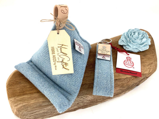 Blue Harris Tweed Keyring Gift Set. Tablet, Kindle or Mobile Phone Stand. Weighted Bean Bag Style. Custom Personalised Leather Hide Trims