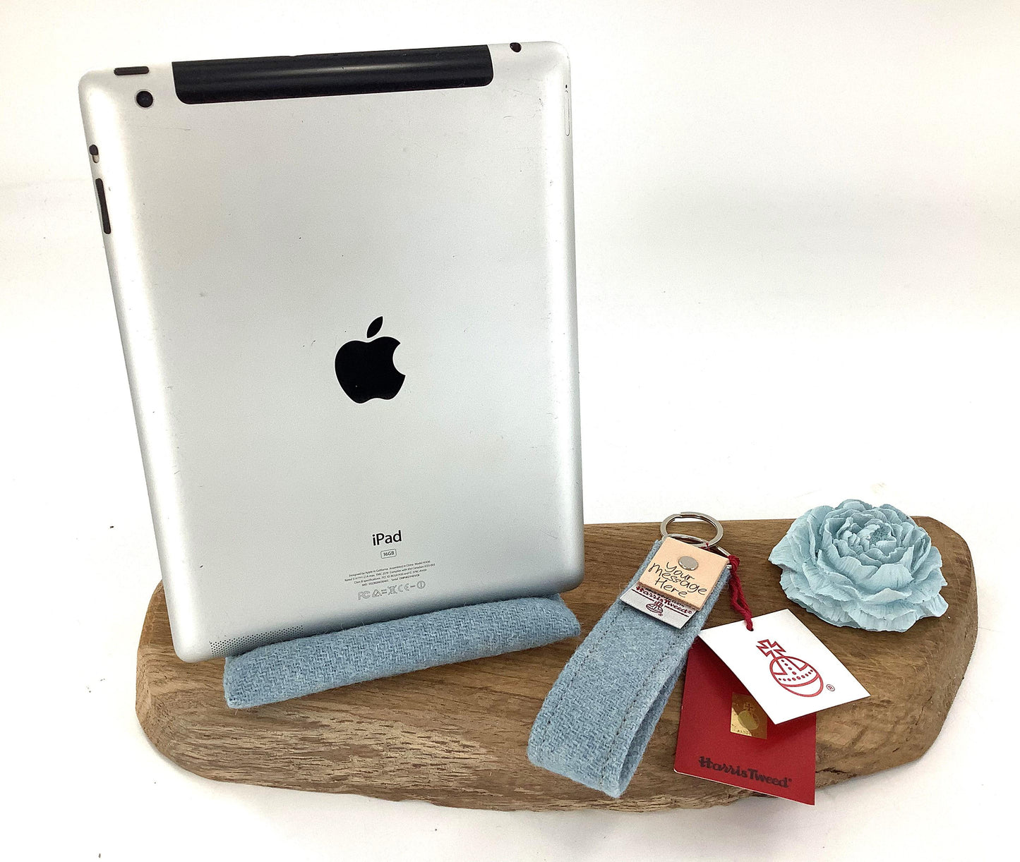 Blue Harris Tweed Keyring Gift Set. Tablet, Kindle or Mobile Phone Stand. Weighted Bean Bag Style. Custom Personalised Leather Hide Trims