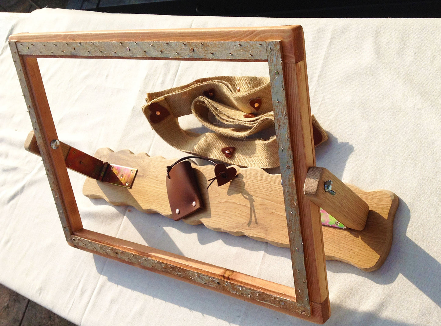 Oak Rug Hooking Needle Punch Frame and Hook. Rag Rug Frame in Recycle Wood. Gripper Cover and Hide Leather Trim.  Hinged to fold flat