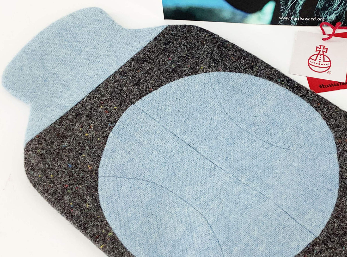 Harris Tweed Hot Water Bottle Cover. Pale Blue Dark Grey Patchwork Ball. Cosy Wool Heat Therapy Relaxation Mindfulness Eco Gift