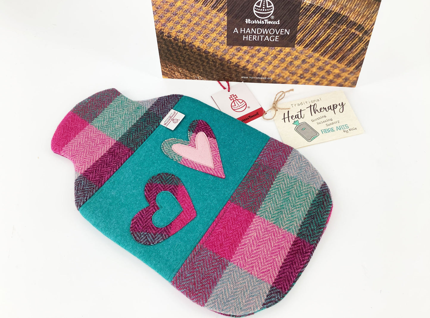 Harris Tweed Hot Water Bottle Cover. Patchwork Applique Hearts Heat Therapy Relaxation Mindfulness Eco Gift for Her