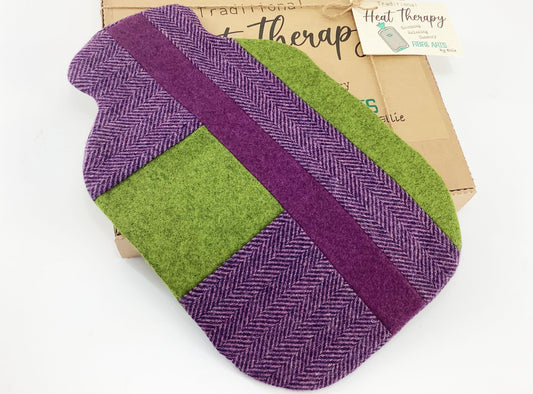 Abraham Moon Tweed Wool Patchwork Hot Water Bottle Cover. Bottle Shaped Wheat Bag Heat Pack. Batik Fabric Lining. Purple and Green