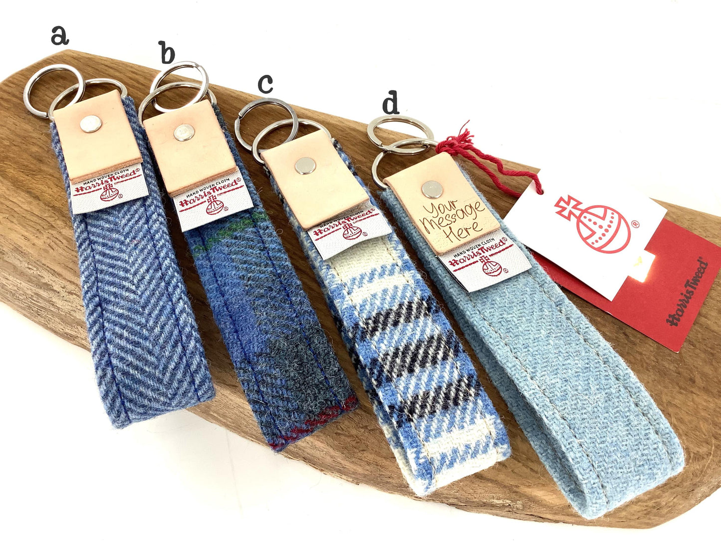 Harris Tweed Keyring with Natural Leather Hide Trim. Handcrafted Personalised Wool Gift