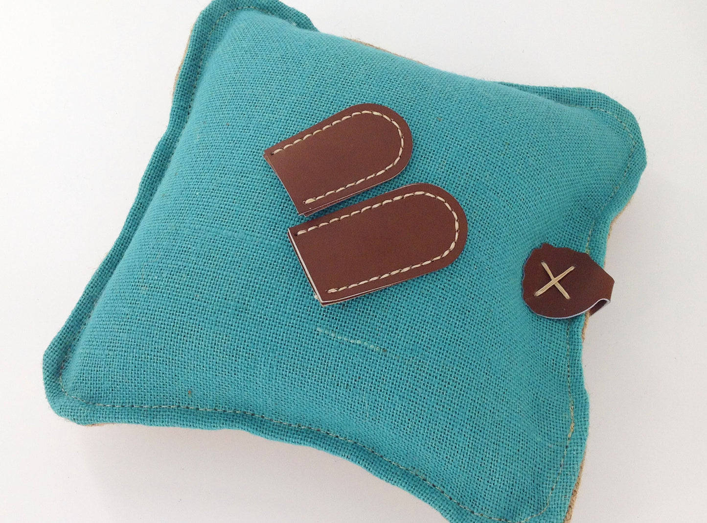 Hessian Needle Felting Mats Set Large and Smal with Hand Stitched Leather Hide Finger Protectors .  Pre Filled Mats Blue and Natural Colours